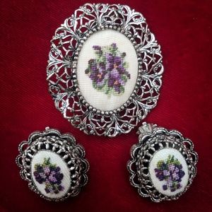 Vintage cross stitch bouquet brooch & earings set